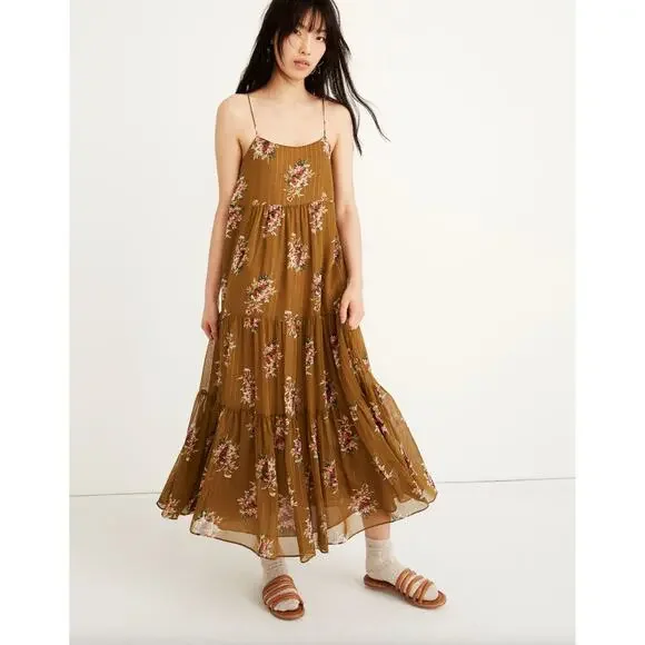 MADEWELL Cami Tier Midi Dress Metallic Classic Floral Olive Green Sz 8 {S53}